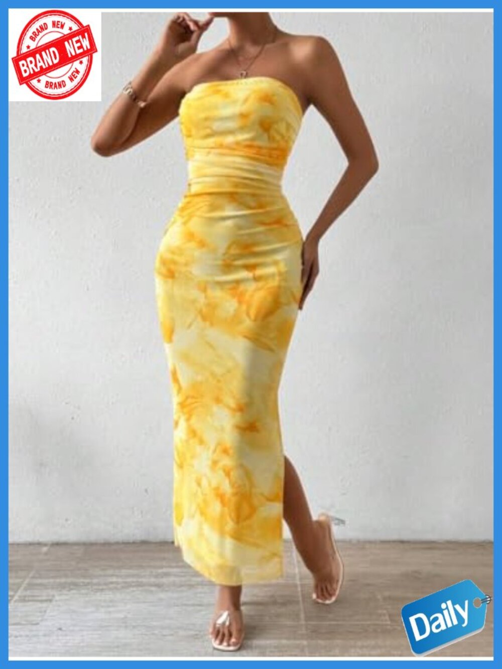 Strapless Tube Bodycon Maxi Dress with Side Slit and Mesh Layering - Picture 4 of 6